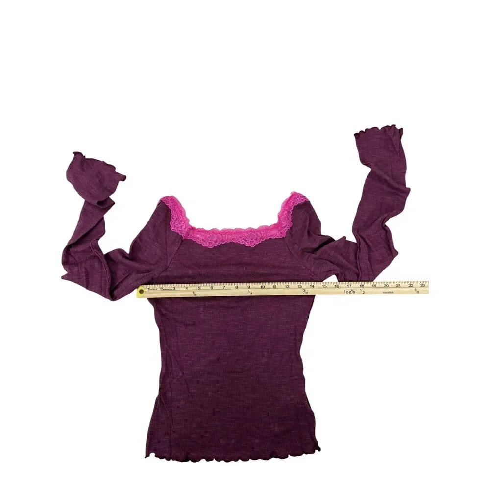 NWT Free People Womens Medium Pink Long Sleeve Layering Top Lace Trim
